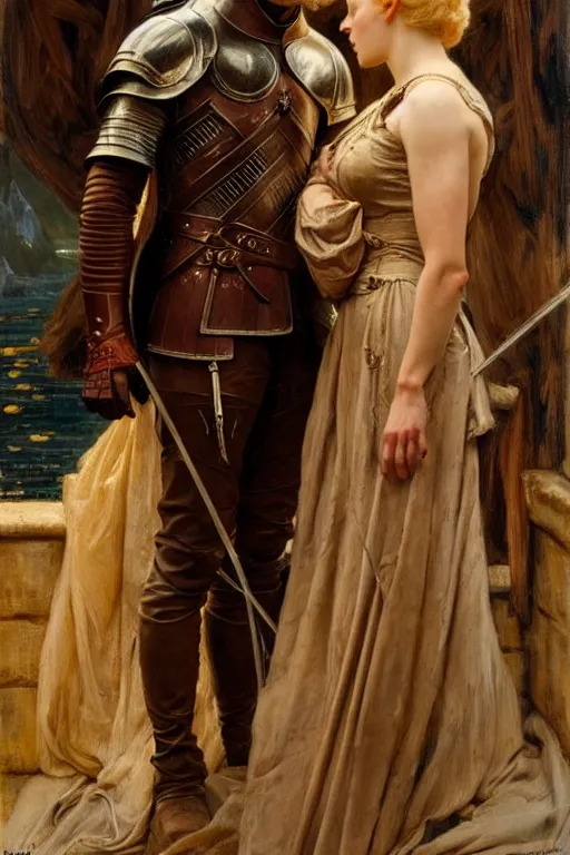 Image similar to attractive fully clothed young jaime lannister confesses his love for his attractive fully clothed brienne of tarth. highly detailed painting by gaston bussiere and j. c. leyendecker 8 k