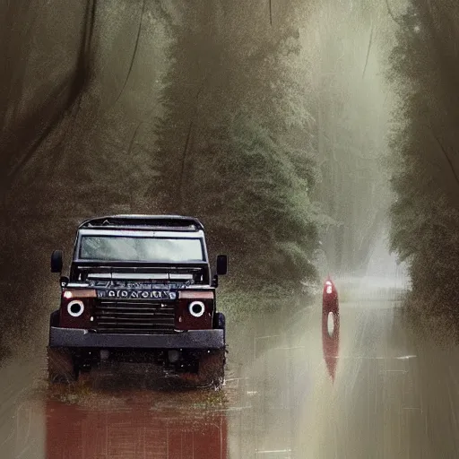 Image similar to a landrover crossing a forest path while its raining, digital art, artstation, photgraphy, highly detailed, digital painting, artstation, concept art, sharp focus, illustration, art by greg rutkowski and artgerm