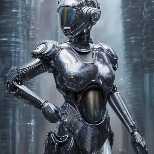 Prompt: ultra realist and ultra intricate detailed soft painting of a beautiful sci-fi armored female by Hajime Sorayama, front facing, sci-fi helmet, symmetry features, sensual gloomy style, volumetric clouds, cyberpunk burning building background, artstation, unreal render, depth of field