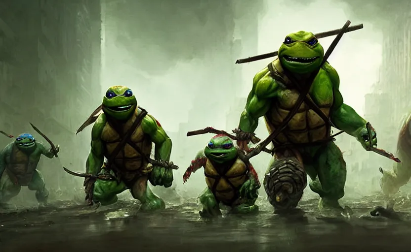 Image similar to photo zombi ninja turtles, hyper realistic, natural light, concept art, by greg rutkowski, cozy atmospheric and cinematic lighting