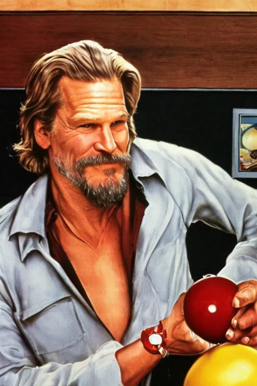 Image similar to Jeff Bridges from the movie The big Lebowski playing bowling painted by Norman Rockwell