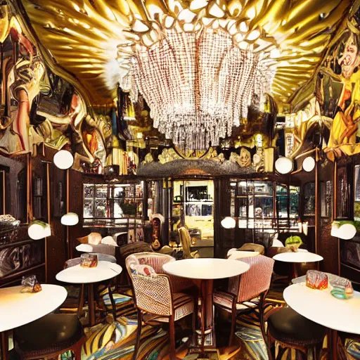 Image similar to architectural digest photo, inside an over the top highly themed restaurant based on the concept of hyper reality and depersonalization