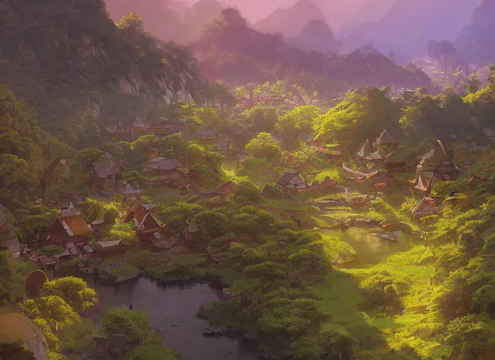 Image similar to concept art painting of a distant small woodland village by a river in a mountain valley seen from above, early morning, european japanese buildings, cel shaded, realistic, by makoto shinkai and moebius and anton fadeev and greg rutkowski and james gurney