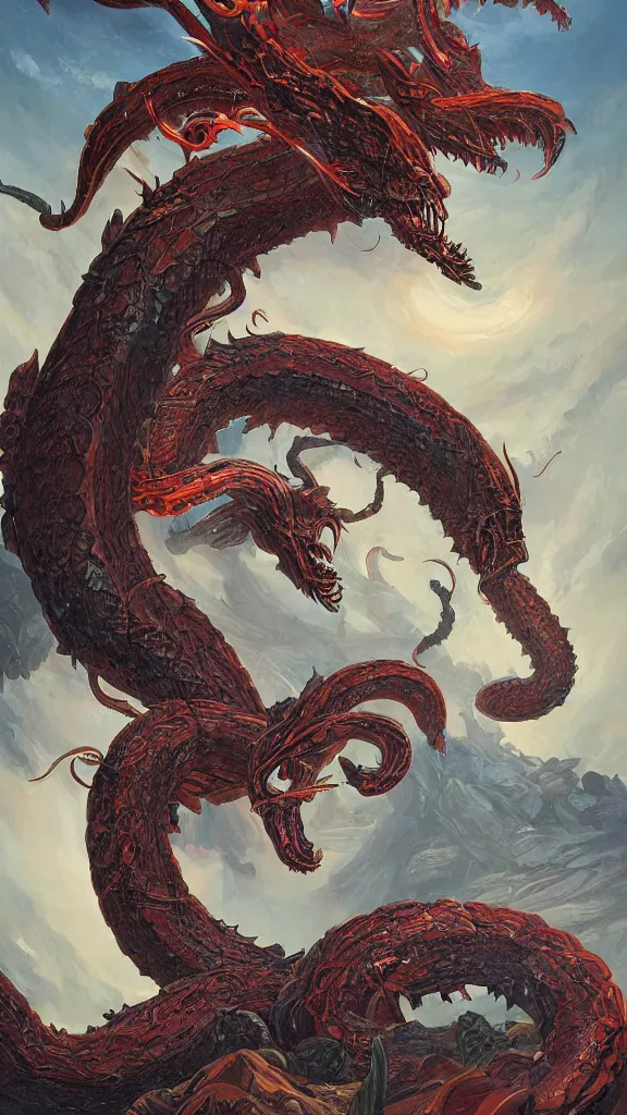 Prompt: painting of a beautiful rendition of the mythical hydra, giant monster serpent with multiple heads, smt rendition, illustration, artistic, colorful, hyper detailed, in the style of greg rutkowski,