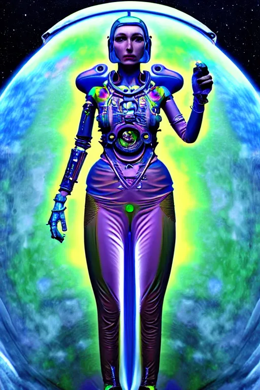 Prompt: max chroma planetary goddess character concept fantasy hyperrealistic detailed movie cinematic action scene in full color scientist gear steampunk colorscientist of color max chroma planetary prints by max chroma, greg rutkowsky, android jones, alex grey