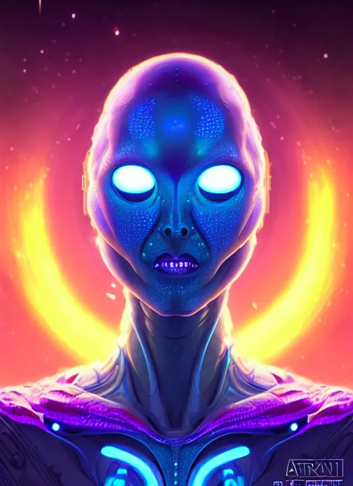 Image similar to a machine alien faceless glowing liquefied stardust adventurer, dnd fantasy character, full body portrait, glowing neon skin, magical aura, ultra realistic, intricate, elegant, highly detailed, digital painting, artstation, smooth, sharp, focus, illustration, art by artgerm and greg rutkowski and alphonse mucha and dan mumford, sacred geometry