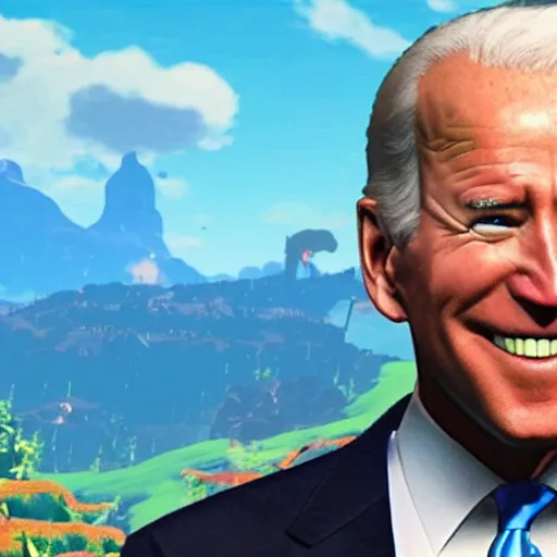 Image similar to screen shot of joe biden starring in zelda:breath of the wild ( video game )