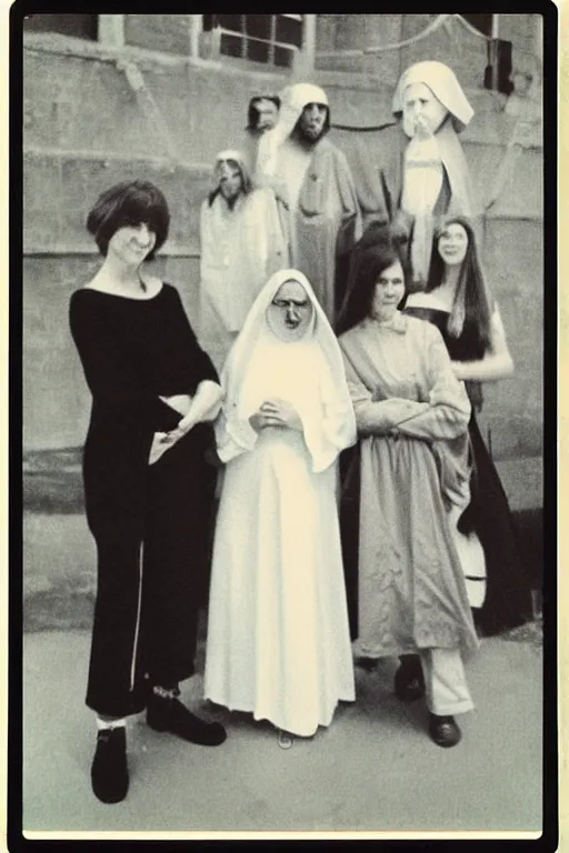 Image similar to 1970s, photo, a polaroid photo, art nouveau, dribble, Aphex Twin and a nun posing for a picture