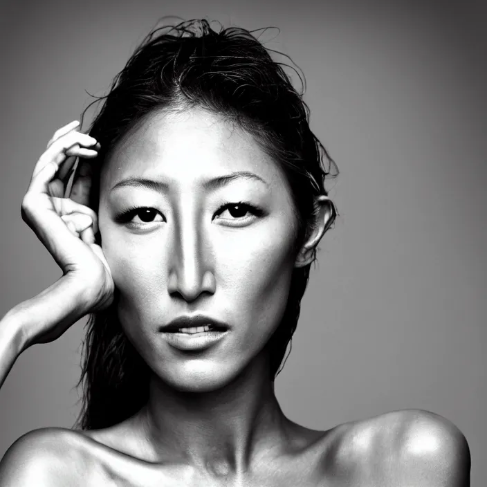 Image similar to photography face portrait on a tropical background of a beautiful woman like dichen lachman, black and white photography portrait, skin grain detail, high fashion, 8 k, ultra sharp focus, studio lighting film noir style photography, by richard avedon, and paolo roversi and nick knight, and hellmut newton,