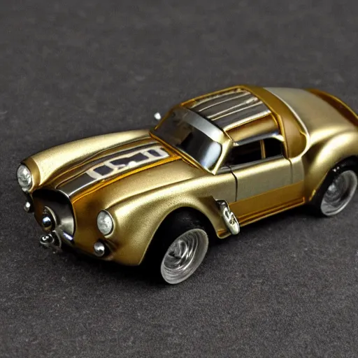 Prompt: 3 5 mm photo of metallic white steampunk shelby like hot wheels model, gold city background