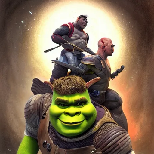 Prompt: shrek fighting against muscular senator armstrong on a helipad, metal gear, radiating a glowing aura global illumination ray tracing hdr fanart arstation, intricate, highly detailed, digital painting, artstation, concept art, character art, smooth, sharp focus, illustration, art by artgerm and greg rutkowski and alphonse mucha