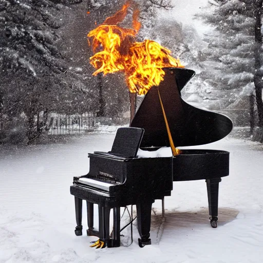 Prompt: A Photograph Of A Man Playing the Piano In The Middle Of The Snow, The Piano Is On Fire, 8k, exquisite detail, award winning photography