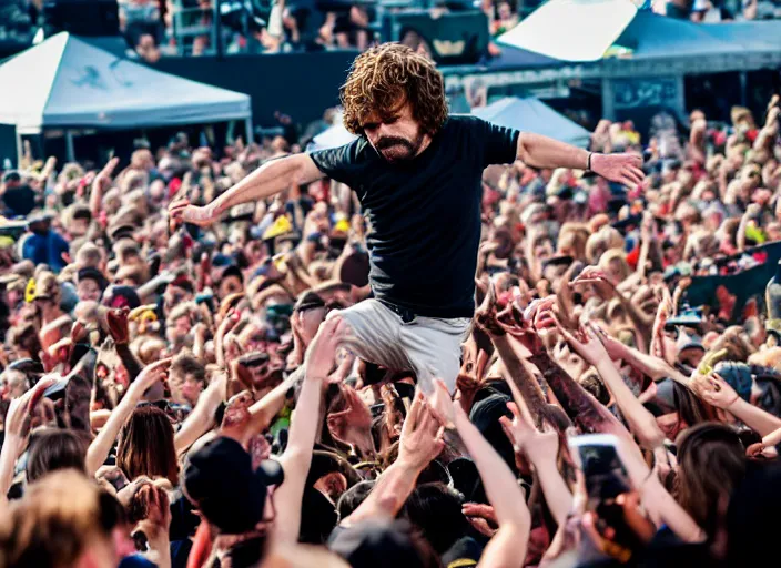 Image similar to photo still of peter dinklage at the vans warped tour!!!!!!!! at age 3 6 years old 3 6 years of age!!!!!!!! stage diving into the crowd, 8 k, 8 5 mm f 1. 8, studio lighting, rim light, right side key light