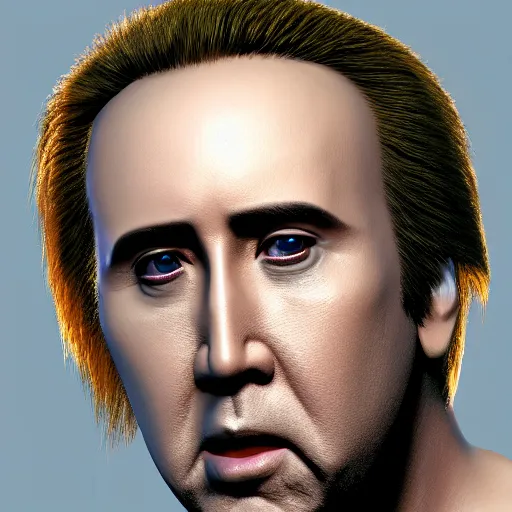 Image similar to Nicolas Cage JRPG FFX cinema 4d render, Ray tracing reflection, natural lighting, award winning photography