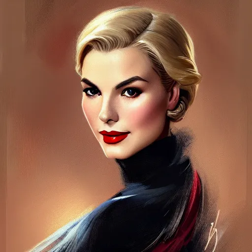 Prompt: A combination of Grace Kelly's and Victoria Justice's faces with blonde hair and red lipstick, western, D&D, fantasy, intricate, elegant, highly detailed, digital painting, artstation, concept art, matte, sharp focus, illustration, art by Artgerm and Greg Rutkowski and Alphonse Mucha