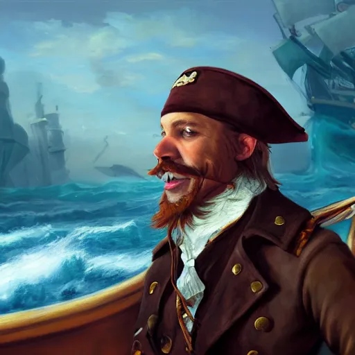 Prompt: portrait an otter pirate captain on a ship, storming sea in the background, oil painting by alexander roslin, 4k, concept art highly detailed, trending on artstation