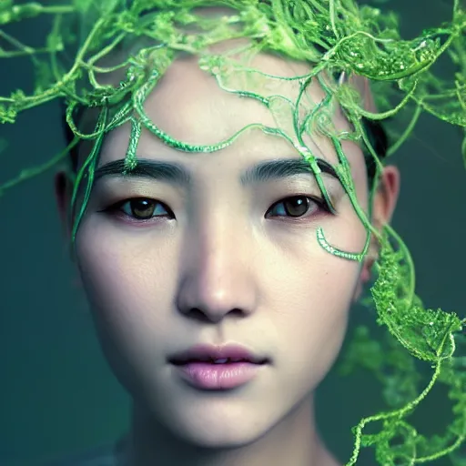 Image similar to intricate highly detailed face portrait of asian - european woman, light purple and mint water vines on her face, intricate, cgsociety, unreal engine, octane render, sharp focus, smooth, volumetric lighting, cinematic composition, artstation