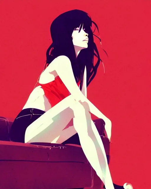 Image similar to a ultradetailed beautiful painting of a stylish woman sitting on a couch, by conrad roset, greg rutkowski and makoto shinkai trending on artstation