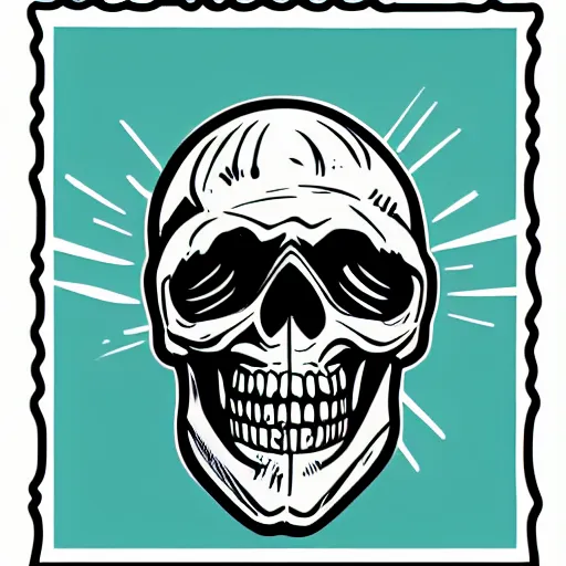 Prompt: a sticker illustration of a man with a skull head hold a gun