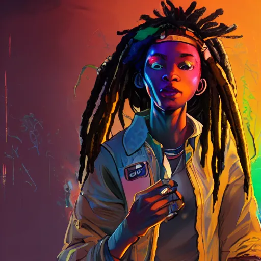 Prompt: a young black girl with colorful dreadlocks mixing chemicals in a steampunk alchemy lab, apex legends character digital illustration portrait design, by noah bradley and android jones in a cyberpunk style, synthwave color scheme, dramatic lighting, hero pose, wide angle dynamic portrait