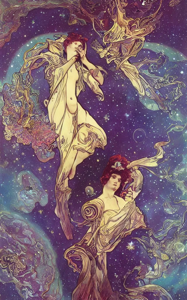 Image similar to Carl Sagan cosmic nebulae, by tomer hasuka and by alphonse mucha.