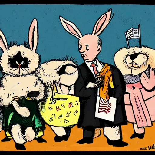 Prompt: a satirical political cartoon with bunnies