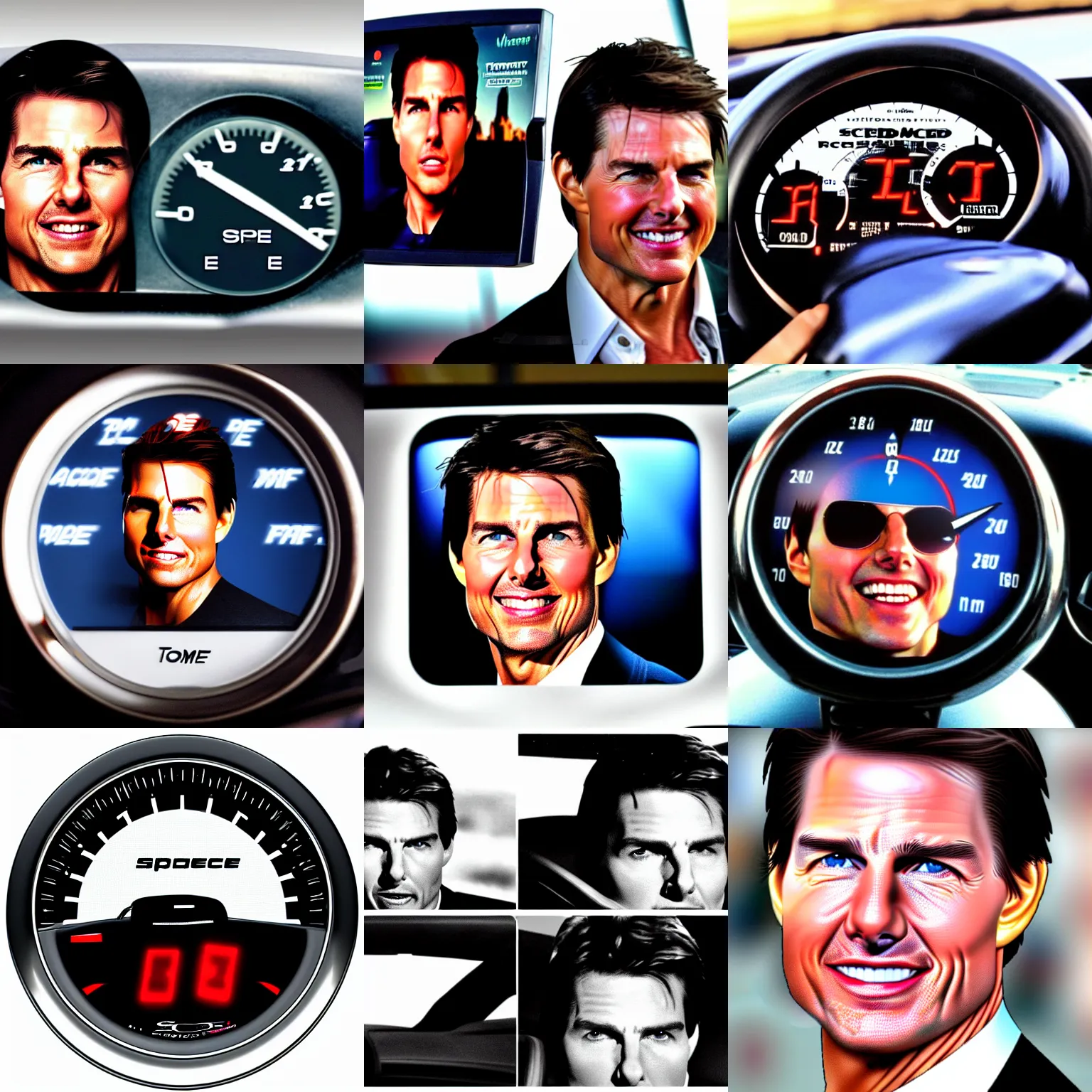 Prompt: tom cruise's face in a car speedometer, car speed controls with tom cruise's face, cruise control