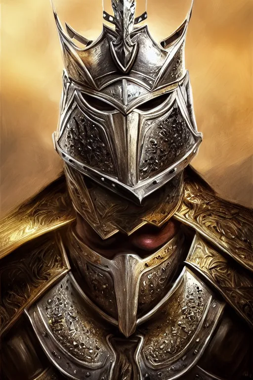 Image similar to Hyper-realistic upper-body Portrait of the King of the Desert, Warrior knight, Silver Armour and Gold Crown, Sword, handsome attractive face, beautiful face, photo realistic, dramatic lighting, majestic, trending on artstation, elegant, intricate, highly detailed, digital painting, concept art, sharp focus, illustration, art by artgerm and greg rutkowski and alphonse mucha