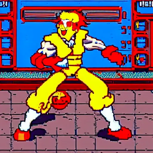 Image similar to screenshot of ronald mcdonald, white face, red afro, red nose and yellow outfit as an enemy in streets of rage video game, sega genesis video game, upscaled to high resolution