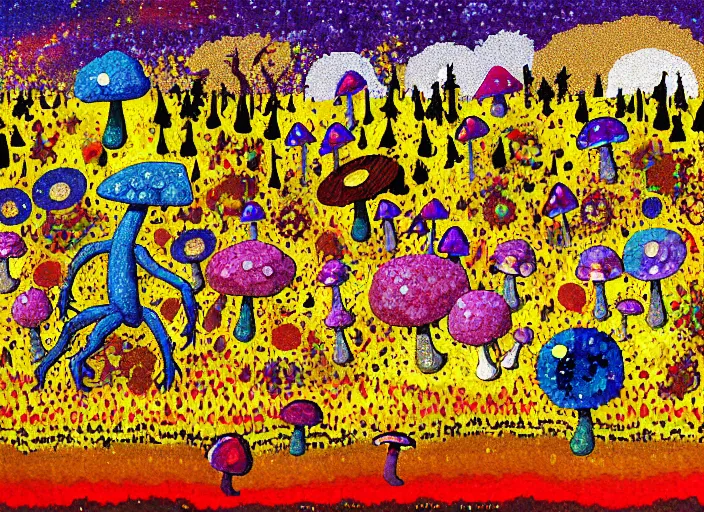 Image similar to pixel decollage painting golden armor alien zombie horseman riding on a crystal bone dragon broken rainbow diamond maggot horse in a blossoming meadow full of colorful mushrooms and golden foil toad blobs in a golden sunset, distant forest horizon, painted by Mark Rothko, Helen Frankenthaler, Danny Fox and Hilma af Klint, pixelated, neo expressionism, semi naive, rich deep colors, cinematic, color field painting, cave painting, voxel, pop art look, outsider art, minimalistic. Bill Traylor painting, part by Philip Guston and Francis Bacon. art by Adrian Ghenie, 8k, extreme detail, intricate detail, masterpiece