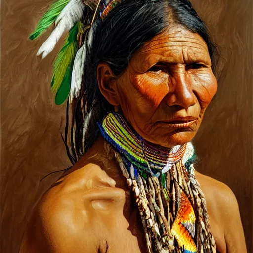 Prompt: high quality high detail painting by lucian freud, hd, portrait of a indigenous tribe woman, photorealistic lighting