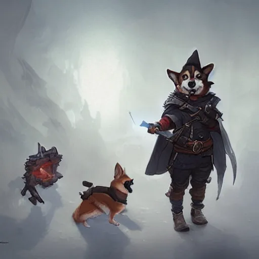 Prompt: a mischievous corgi rogue, d & d character art, extremely detailed digital illustration, fantasy, beautiful, glowing, artgerm, greg rutkowski, trending on artstation, masterpiece, award - winning, 8 k