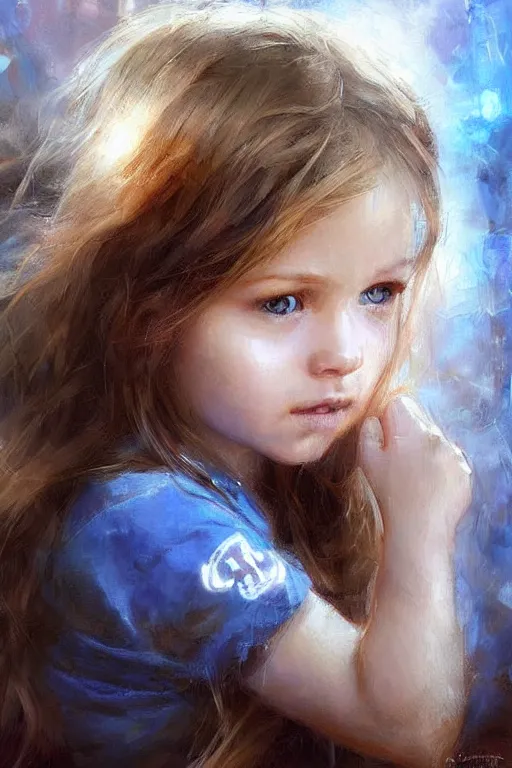 Prompt: a little girl with wavy light brown hair and blue eyes. beautiful painting by raymond swanland, beautiful detailed face.