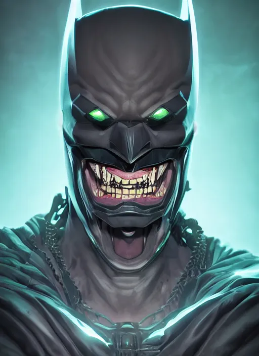 Prompt: glowwave portrait of batman who laughs from overwatch, au naturel, hyper detailed, digital art, trending in artstation, cinematic lighting, studio quality, smooth render, unreal engine 5 rendered, octane rendered, art style by klimt and nixeu and ian sprigger and wlop and krenz cushart.