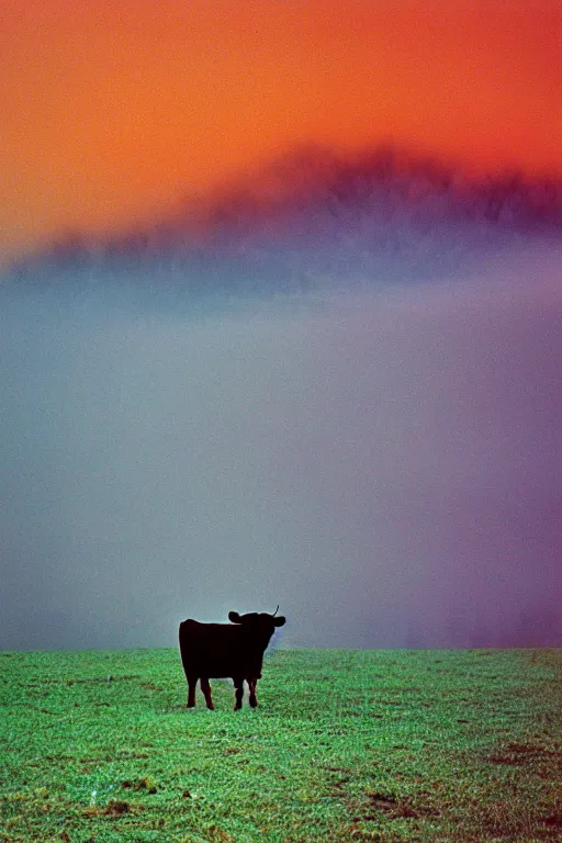 Image similar to film color photography, cow in the blue fog at the lawn, mountains in distance, 35mm