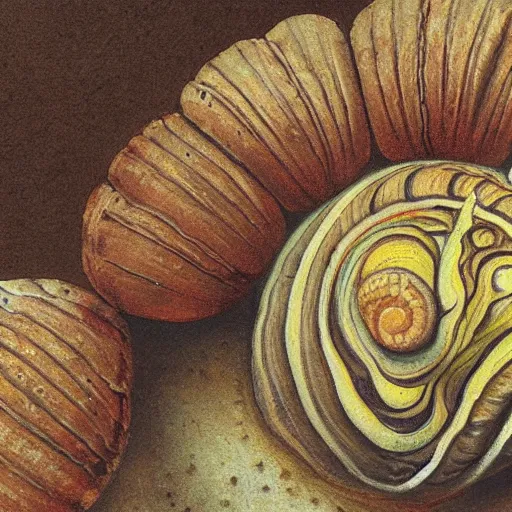 Prompt: snails in their shell by Hamid Savkuev, close-up, botanical illustration