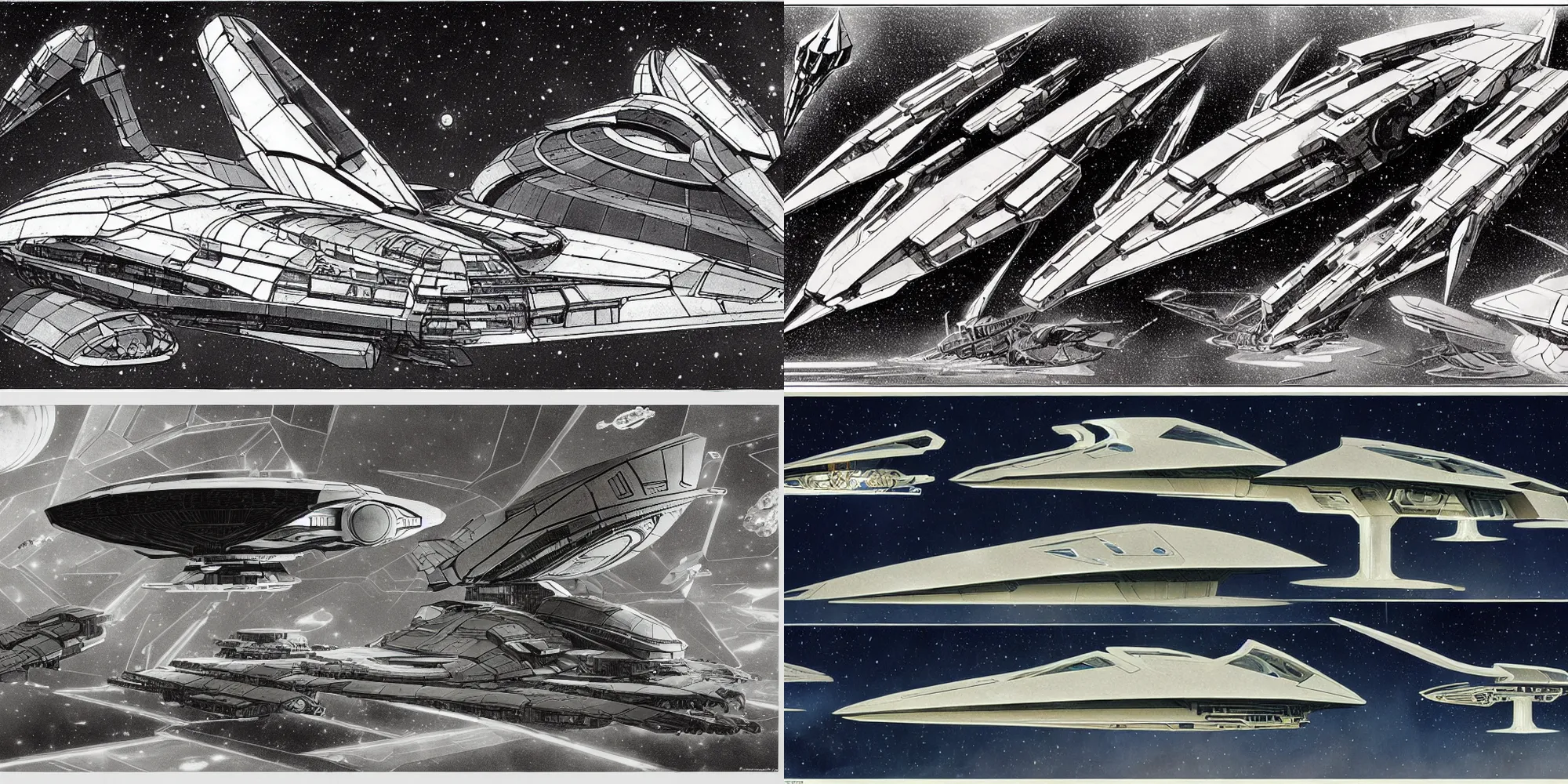 Prompt: the production sketches of science fiction spaceship shaped like a diamond that is tipped with ice on one end and flanked by two futuristic spaceship drives, direct sunlight, harsh shadows, deep dark space, intricate exterior design and detailed illustrations by john harris and n c wyeth and ron cobb and chris foss and syd mead