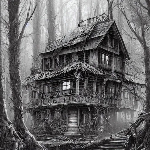 Image similar to dilapidated broken wooden house, tucked within the witchwood forest, evil fairies, overgrown, detailed intricate ink illustration, dark atmosphere, detailed illustration, hd, 4k, digital art, overdetailed art, concept art, by greg rutkowski, by loish, complementing colors, Trending on artstation, deviantart