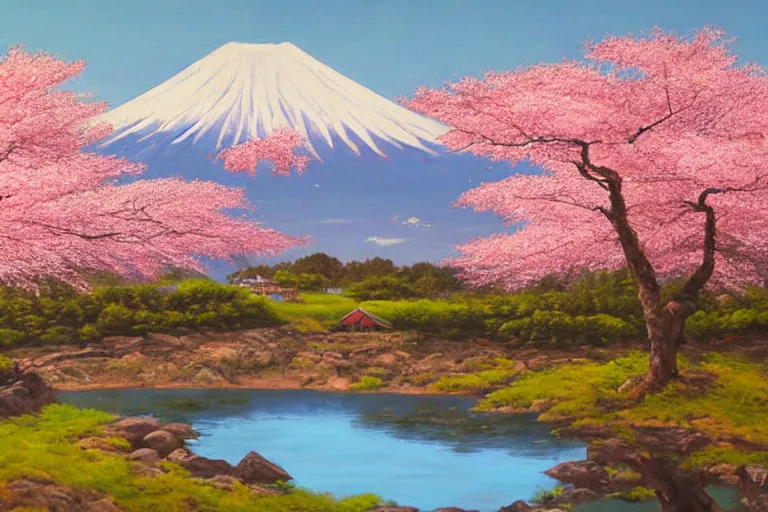 Image similar to mount fuji, view from behind lake, sunny morning, photorealistic landscape, oil on canvas, standing under blossoming cherry trees