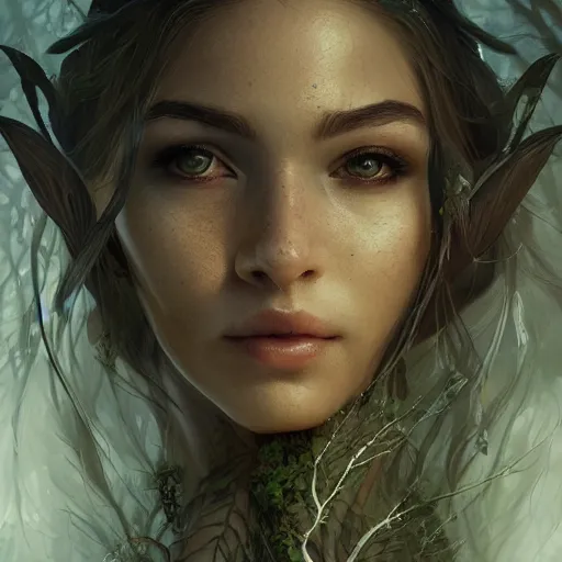 Portrait elven witch lady wood branch moss plants, | Stable Diffusion ...