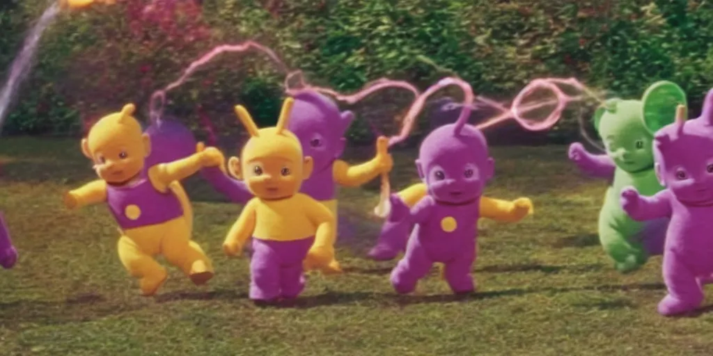 Prompt: teletubbies running on the string destroying everything with a flamethrower.