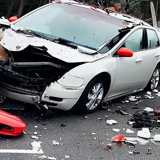 Prompt: photo of a doordash car in a car accident, food spilled on the ground