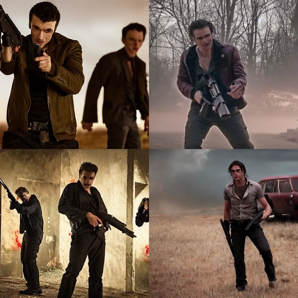 Prompt: Still from Vampires Holding Guns Movie, great action, top production, exceptional lighting, highly downvoted