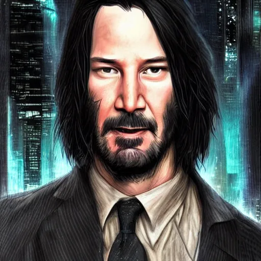 Image similar to keanu reeves a quirky cyberpunk wizzard, dark-hair, intricate, elegant, highly detailed, smooth, sharp focus, detailed face, high contrast, dramatic lighting, graphic novel, art by Ardian Syaf and Michael Choi