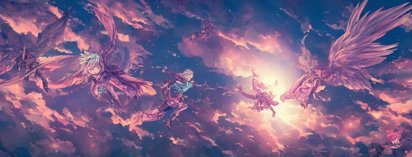 Prompt: souls flying up in a beautiful color night sky. hyperrealistic anime background illustration by kim jung gi, colorful, extremely detailed intricate linework, smooth, super sharp focus, bright colors, high contrast, matte, octopath traveler, unreal engine 5 highly rendered, global illumination, radiant light