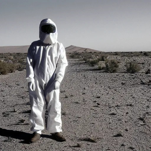 Prompt: a man wearing a hazmat suit, in the desert, film still, Panavision PSR-200 35mm