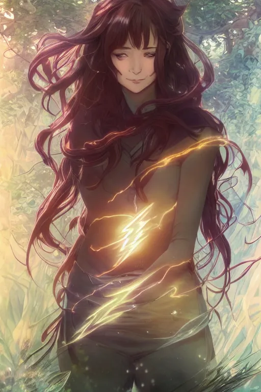 Image similar to anime key visual of a beautiful young female the flash!! intricate, magical forest, stunning, highly detailed, digital painting, artstation, smooth, hard focus, illustration, art by artgerm and greg rutkowski and alphonse mucha