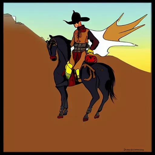 Prompt: gunslinger on a horse overlooking the desert, in the style of Batman the animated series by Bruce Trimm