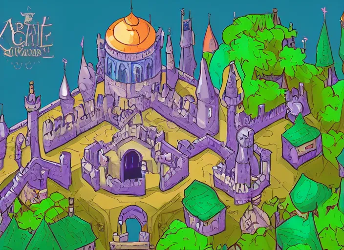 Prompt: a subterranean magic castle surrounded by a moat, underground cave castle, digital illustration, flat colors, blue and purple color scheme, pixel trickery studios game artwork, a house of many doors in - game art