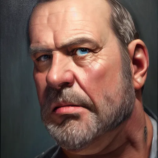 Prompt: An enormous portrait of a handsome middle-aged man, oil on canvas, studio lighting, 3D renders, high resolution, high details, realistic, realistic 3d, high detail, realistic render, Hollywood, realistic photo-realism, realist, cinematic, photo-realistic, cinematic